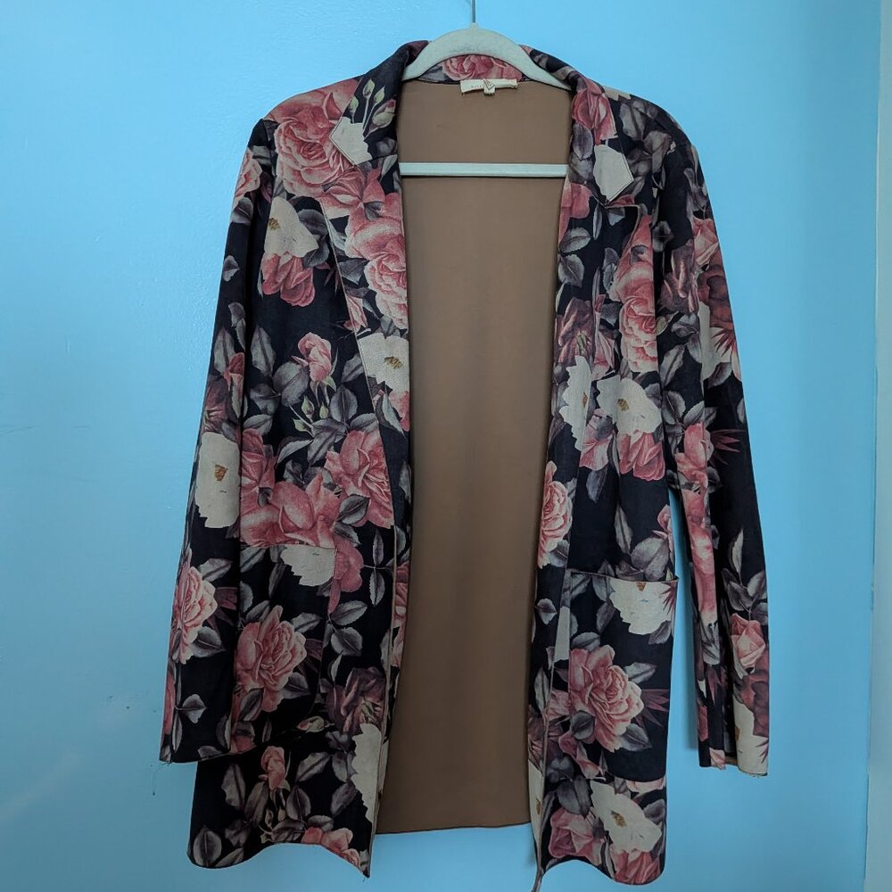 Anthropologie Solitaire Faux Suede Open-front Floral Long Jacket Size M